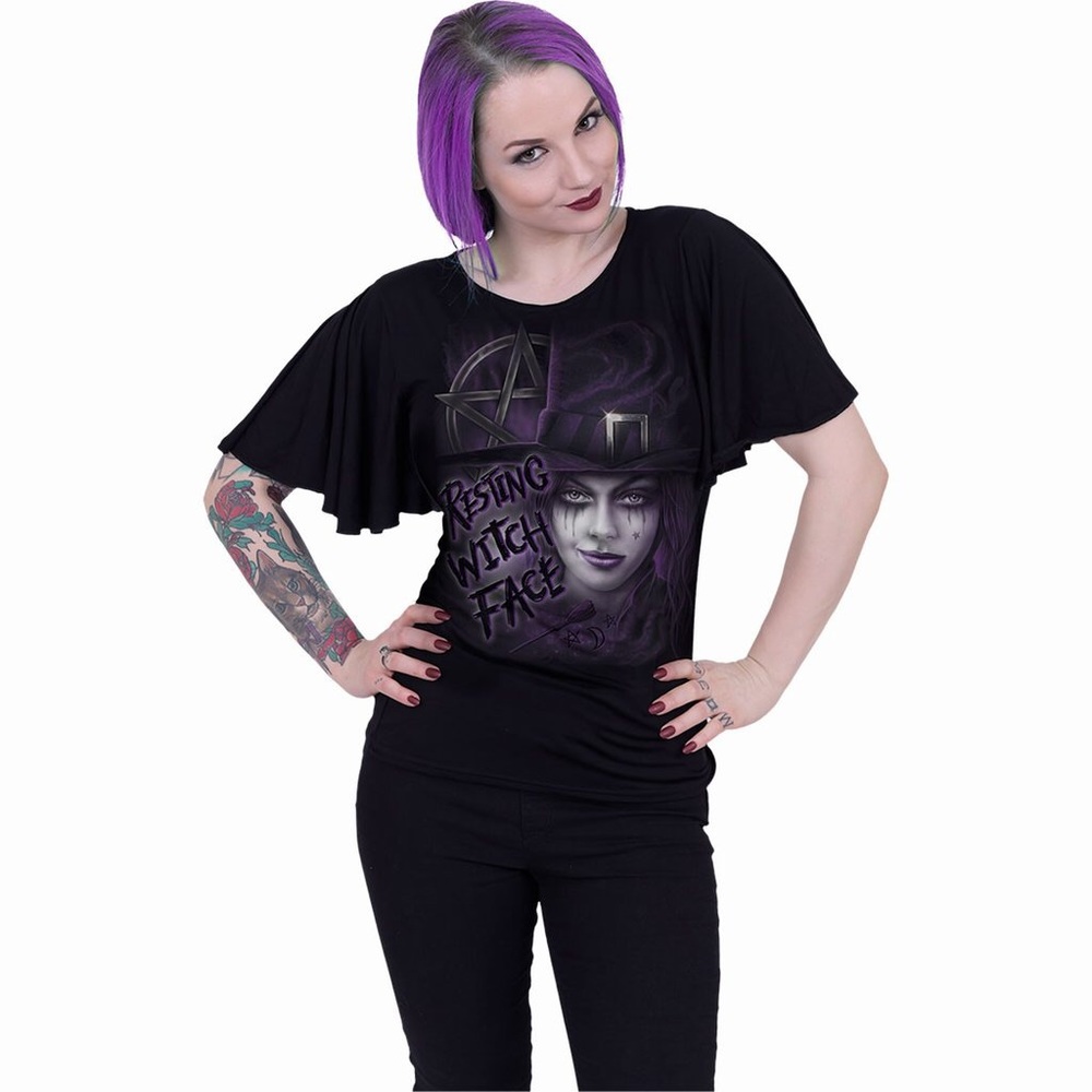 RESTING WITCH FACE -Boat Neck Bat Sleeve Top Black
